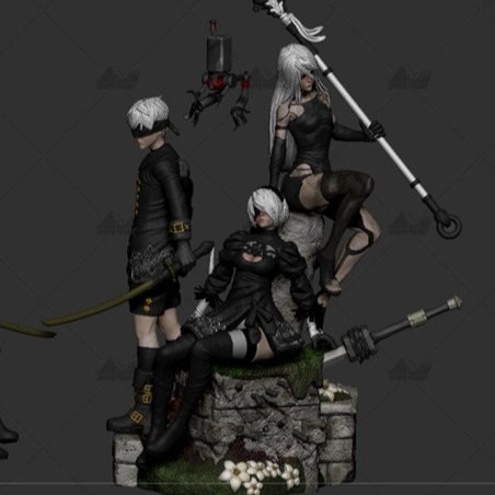 [尼爾2B+9S+A2组合版]3D打印模型stl数据文件白胚人物手办