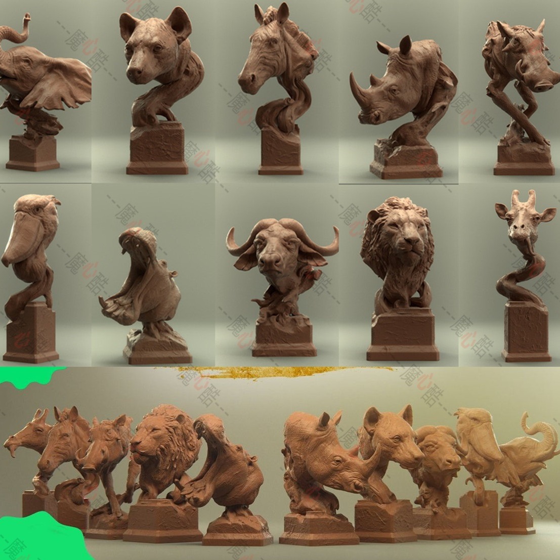3D模型-3D打印STL格式动物半身像素材3D模型